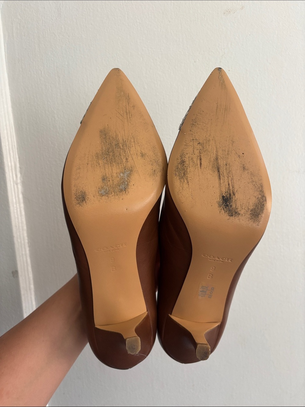 COACH Brown Leather Pointed Toe Flats with Patterned Toe and Gold Plaque - Picture 13 of 16